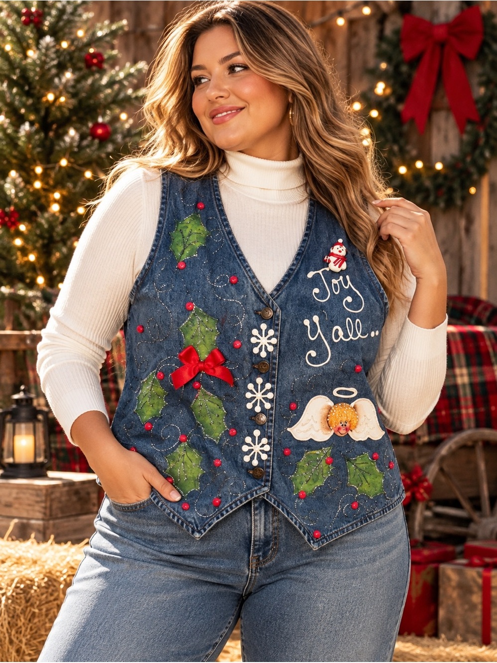 Vintage Logo Club Christmas Denim Vest 2X Hand Painted Joy Y’all Western Holiday